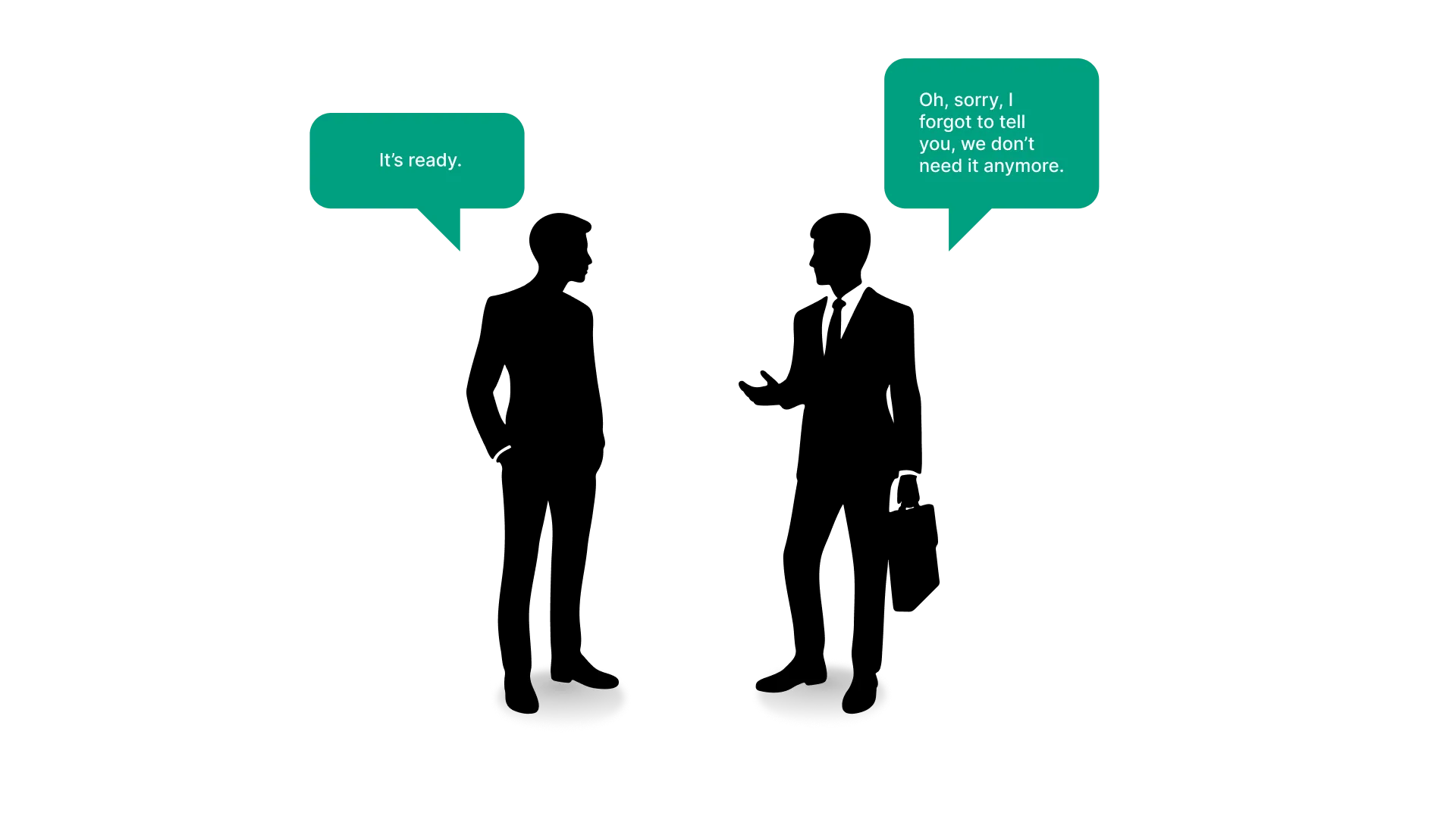 Ein Gespräch zwischen einer Person aus dem Marketing und einem Data Scientist. Der Data Scientist hat ein Dashboard vorbereitet, erfährt aber wegen schlechter Verständigung erst jetzt, dass der Bericht gar nicht gebraucht wird.