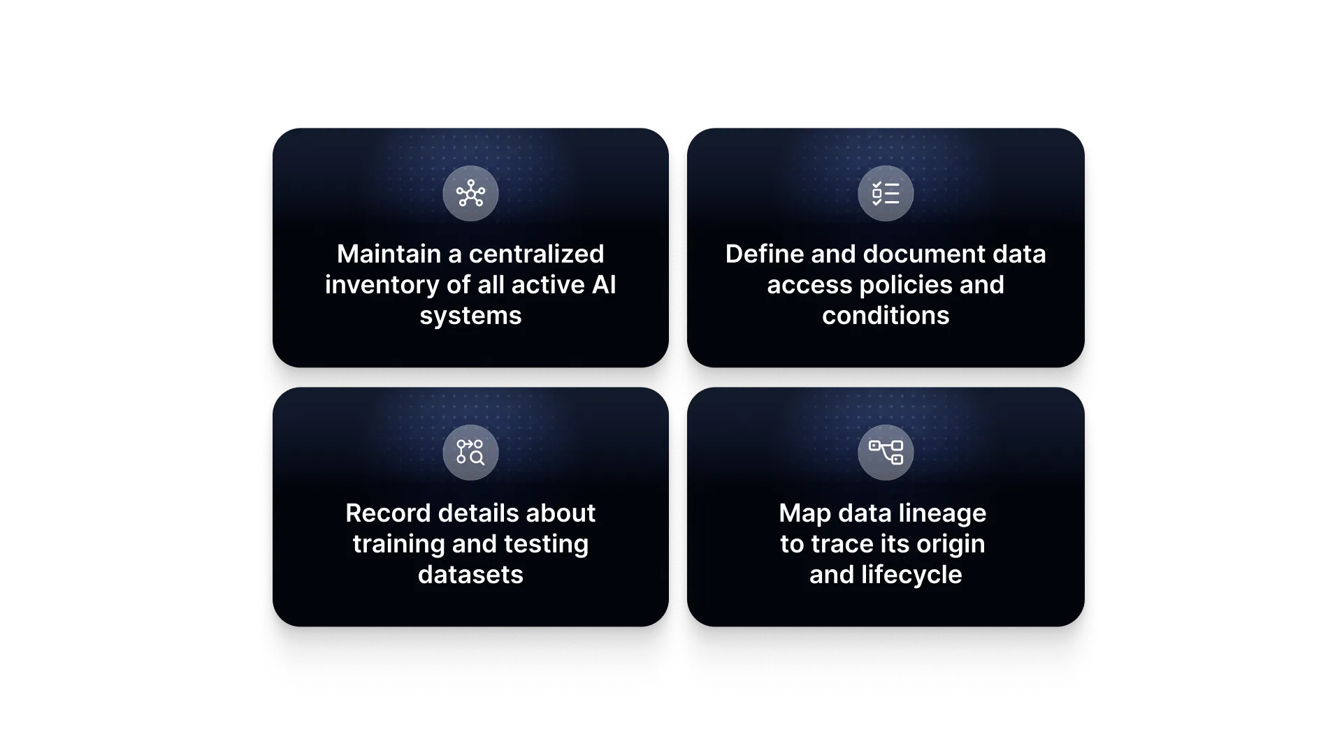 AI governance requirements: inventory of systems, data access policies, dataset records, and data lineage mapping (per AI Act).