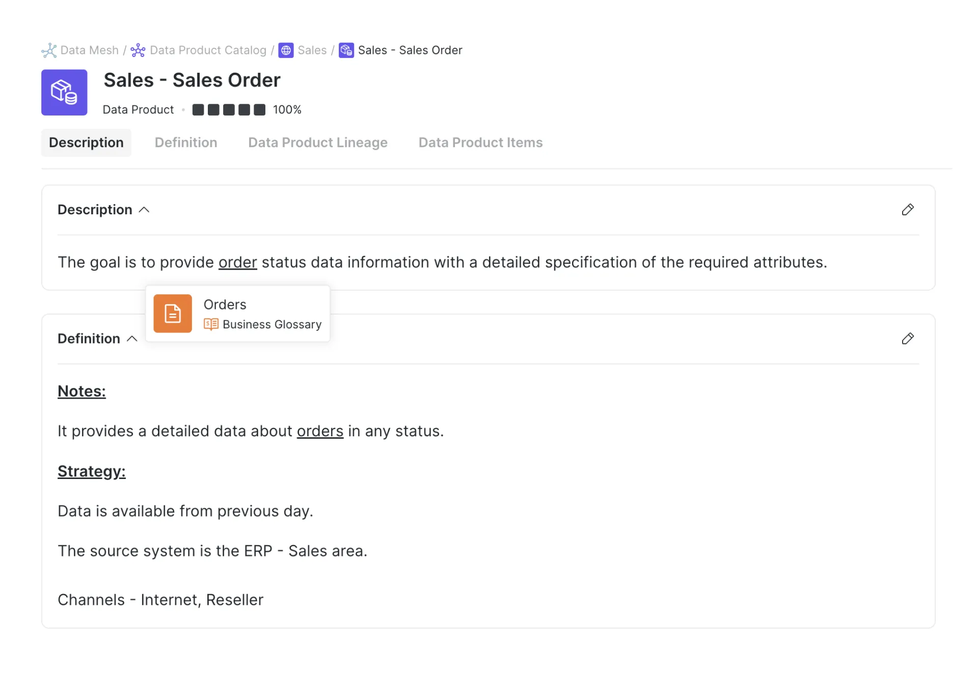 Der verknüpfte Begriff „order“ in der Beschreibung des Datenprodukts öffnet den Eintrag im Business Glossary mit einheitlicher Definition und Kontext