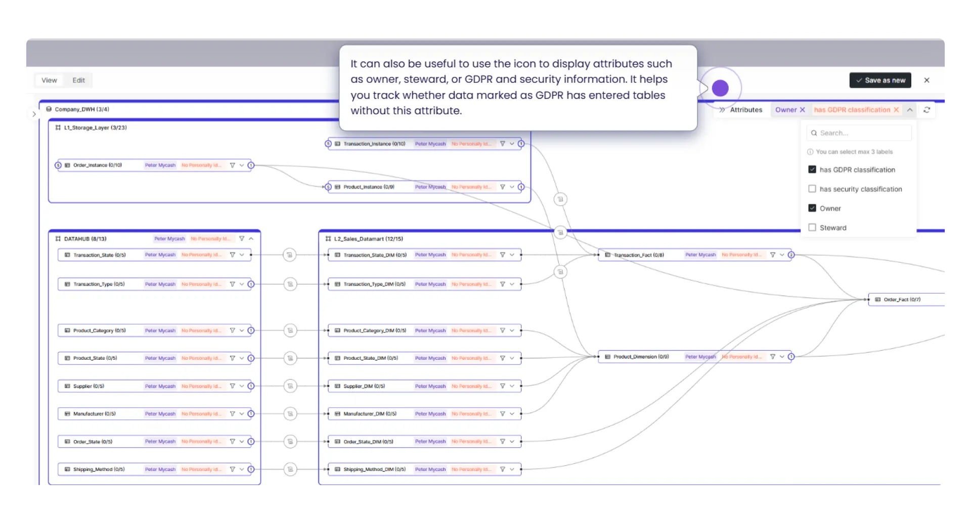 Data lineage diagram in Dawiso with attribute filters applied to highlight GDPR classification and data ownership. Selecting attributes like 'Owner' or 'has GDPR classification' helps track data governance compliance across tables in the data warehouse.