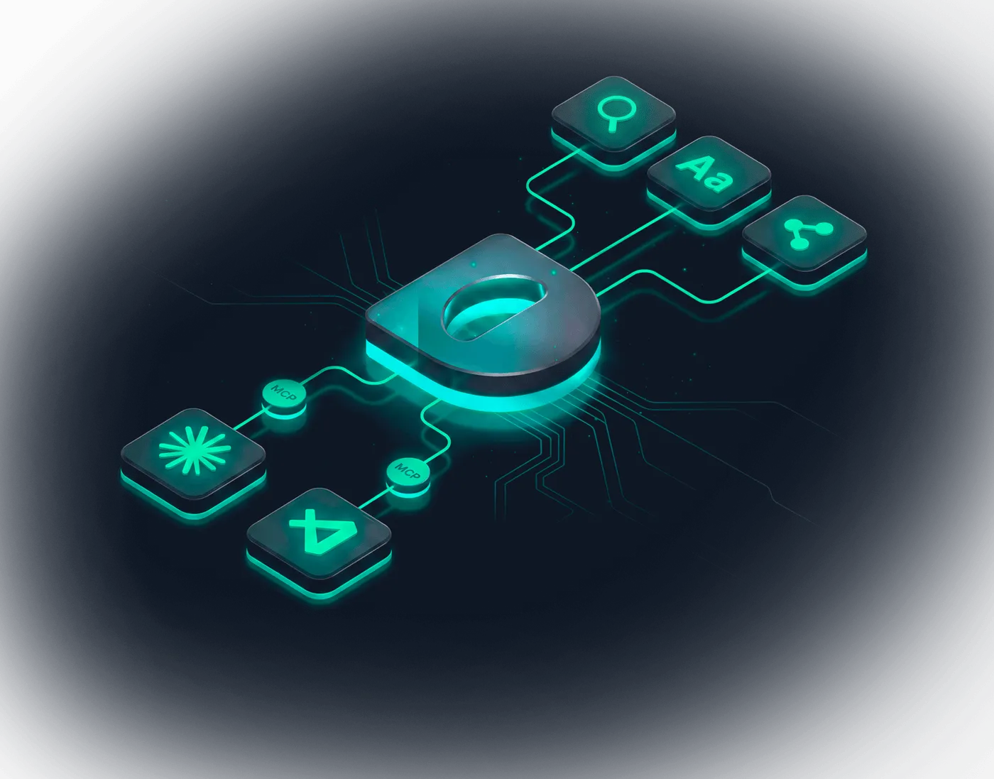 Dawiso Context Layer at the center of a governed data ecosystem: catalog search, business glossary, and lineage connected to AI agents through MCP