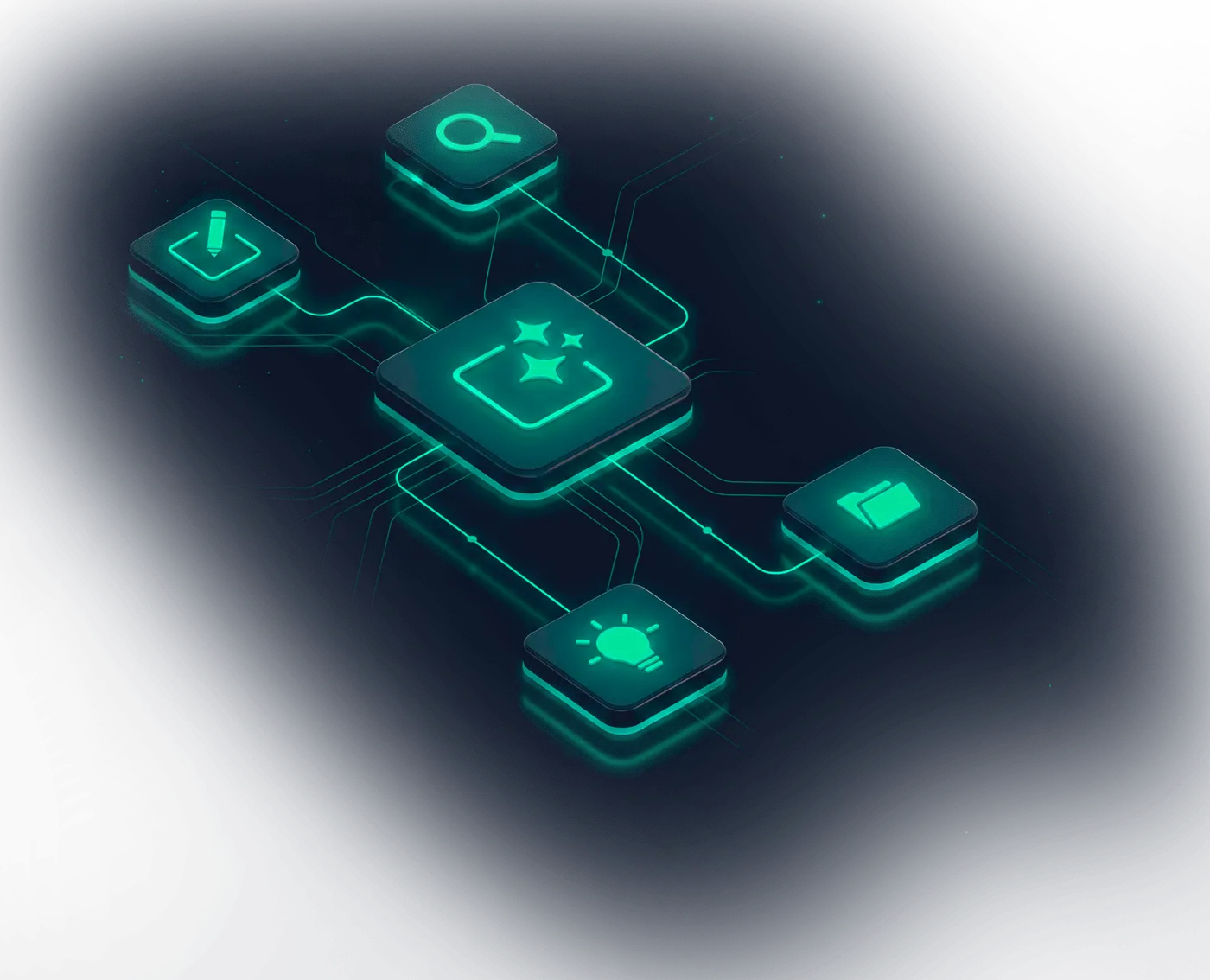 Dawiso AI-powered features connected to a central AI engine: AI-assisted writing, intelligent search, automated categorization, and smart recommendations