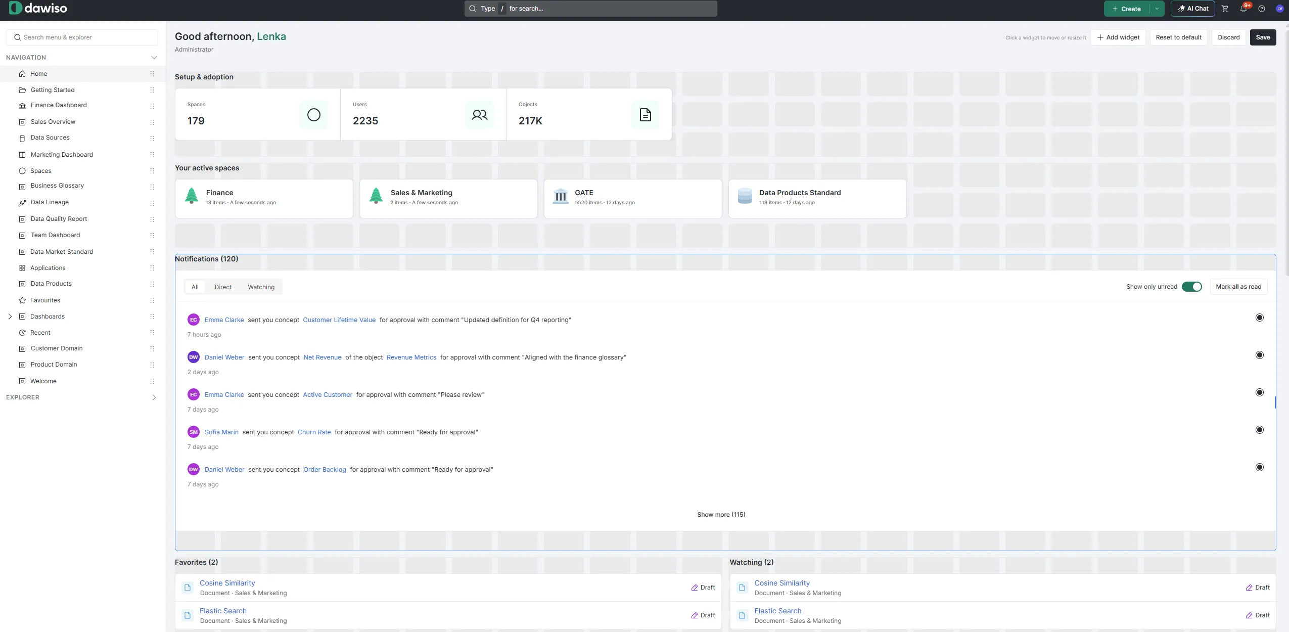 The Dawiso home page in edit mode, with a layout grid behind the widgets and Add widget, Reset to default, Discard and Save controls