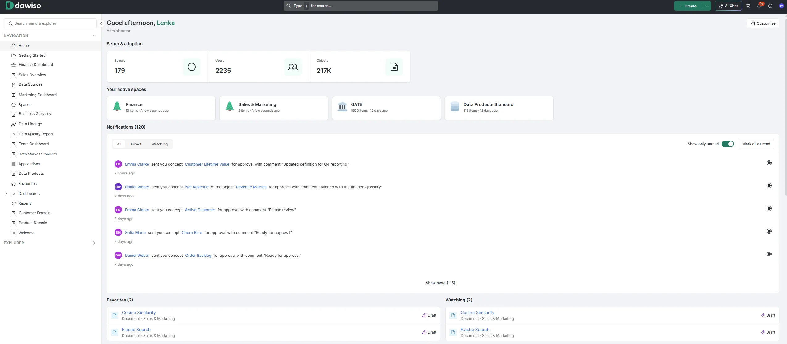 The new Dawiso home page with white panels on a grey background, the rebuilt left menu, and the Customize button in the top right corner