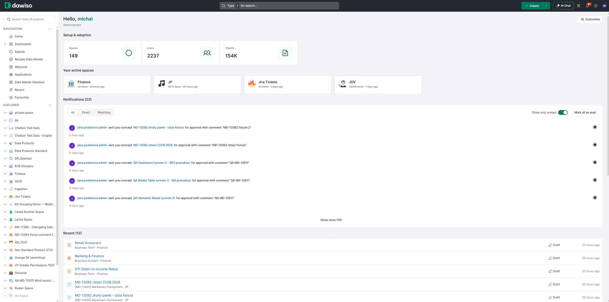 Redesigned Dawiso interface with a thin top bar, light grey background and compact lists