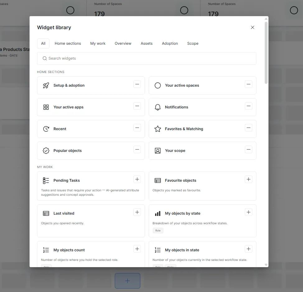 Dawiso widget library with home sections and the Pending Tasks widget for AI-generated attribute suggestions and concept approvals