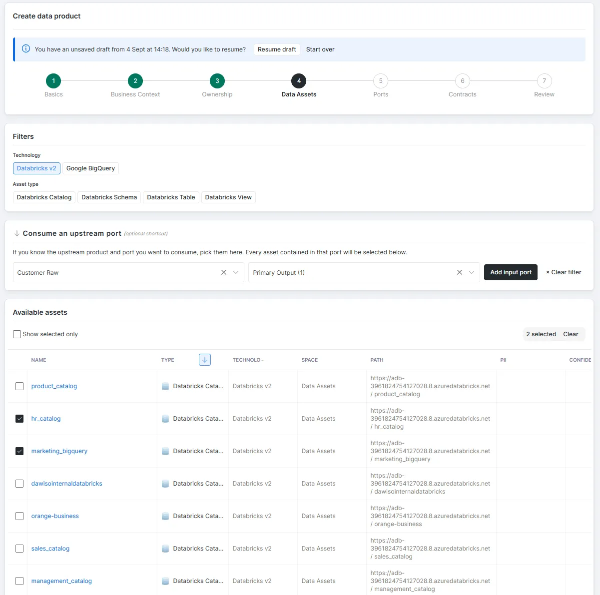 The Create data product wizard in Dawiso at step 4 of 7, Data Assets, with Databricks catalogs selected from the scanned assets