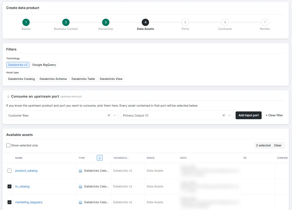 Dawiso Data Product Wizard on step 4, Data Assets, with the seven steps Basics, Business Context, Ownership, Data Assets, Ports, Contracts and Review across the top, technology and asset type filters, an optional shortcut to consume an upstream port, and a list of available Databricks catalogs with two selected