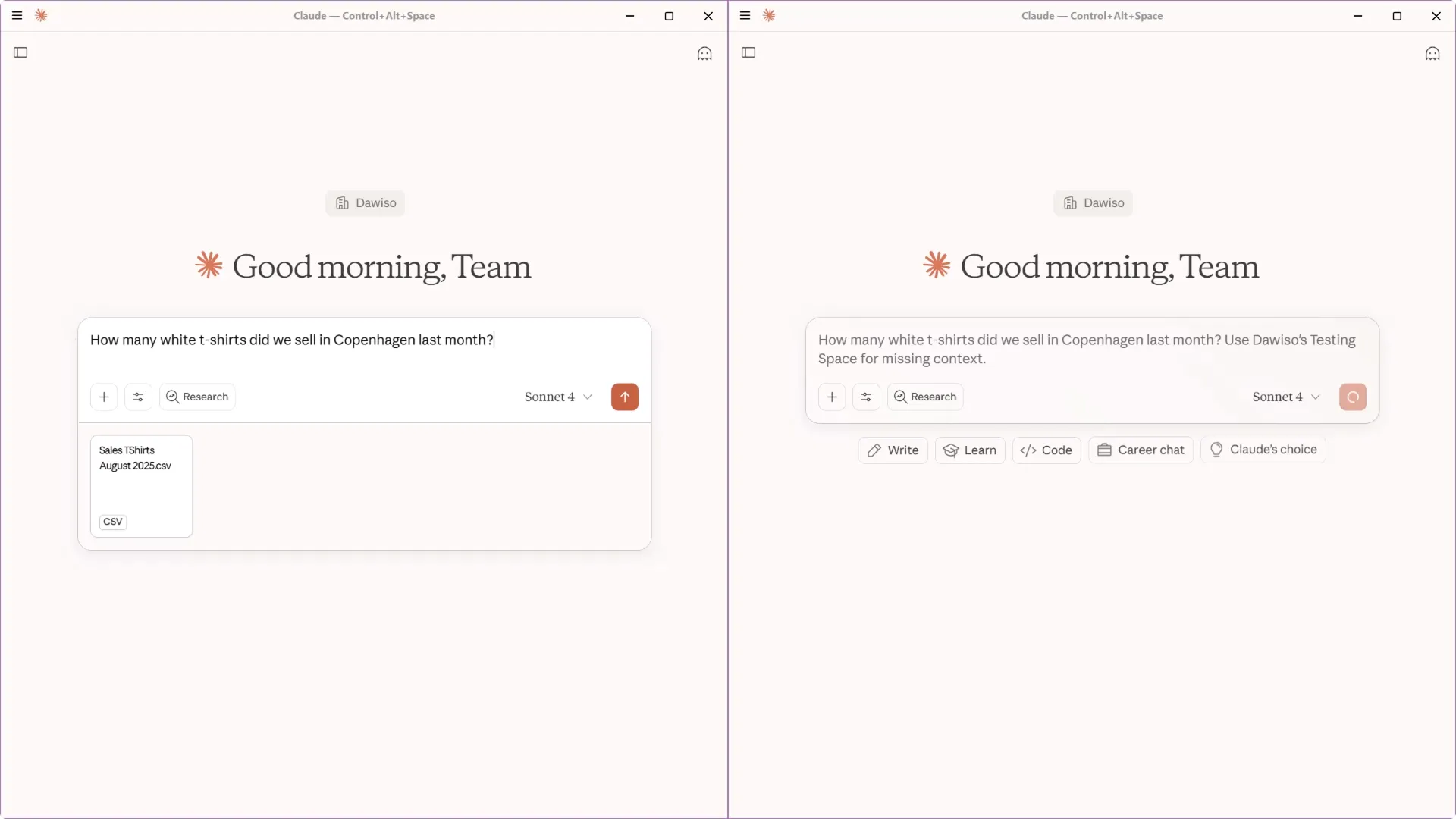 An AI assistant connected to Dawiso over MCP: the same business question is answered using governed Dawiso context pulled in for the missing definitions, instead of the assistant guessing on its own