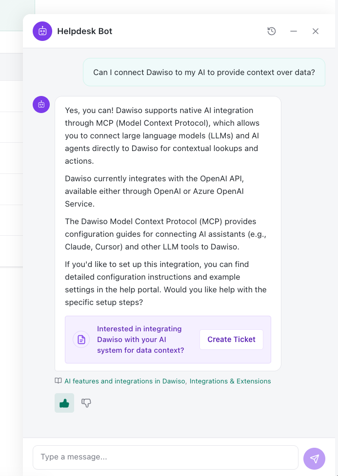 Helpdesk bot in the customer portal answering a question about connecting Dawiso to AI via MCP — with KB citations, thumbs-up feedback selected, and a contextual Create Ticket offer