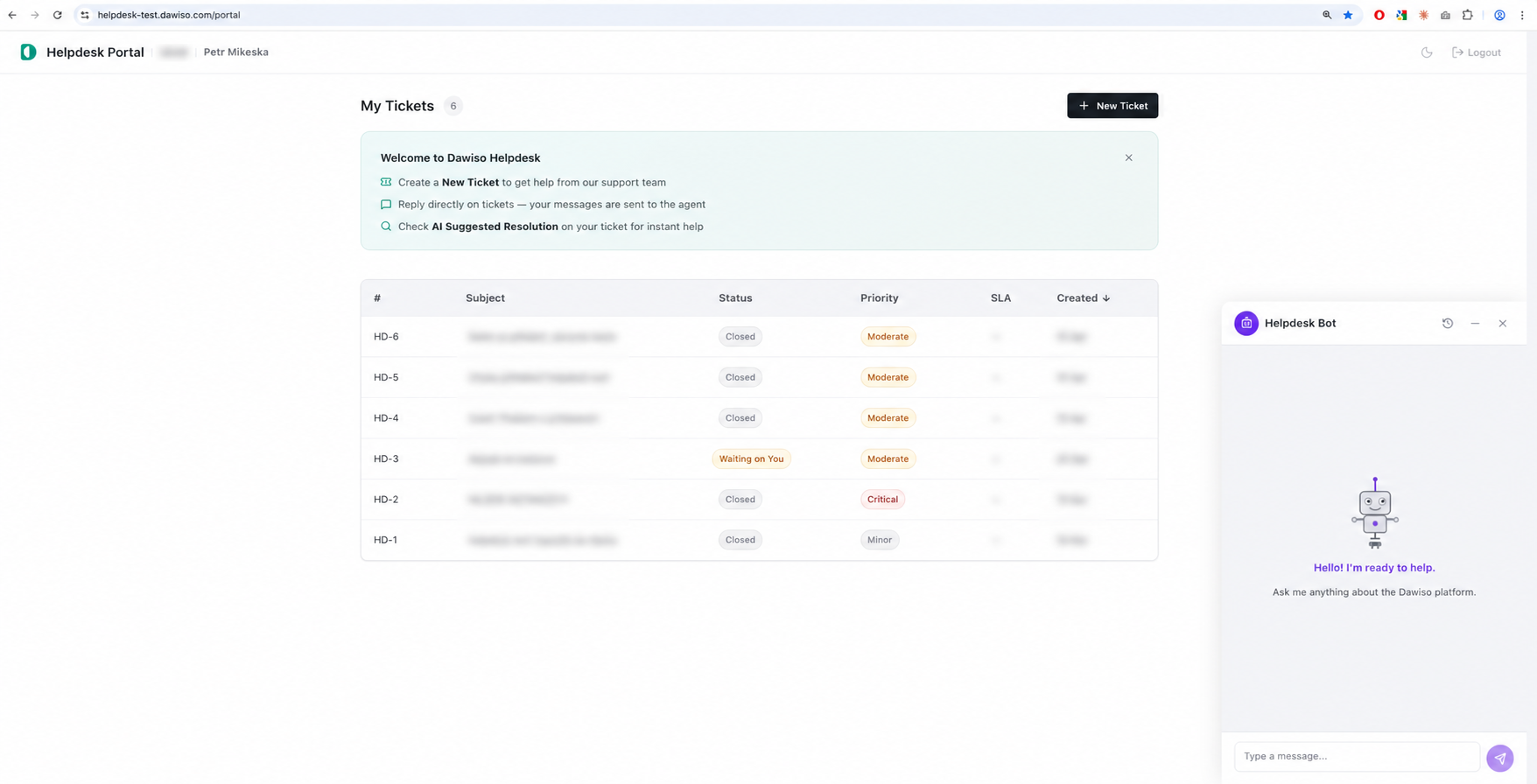 Customer-facing helpdesk portal: ticket list with statuses, welcome banner, and the AI bot widget docked in the corner