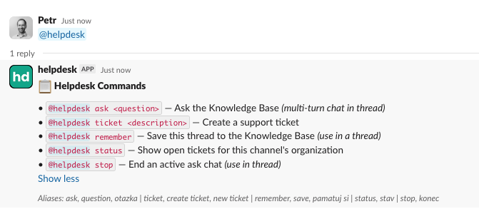 Helpdesk commands inside Slack: ask, ticket, remember, status, stop