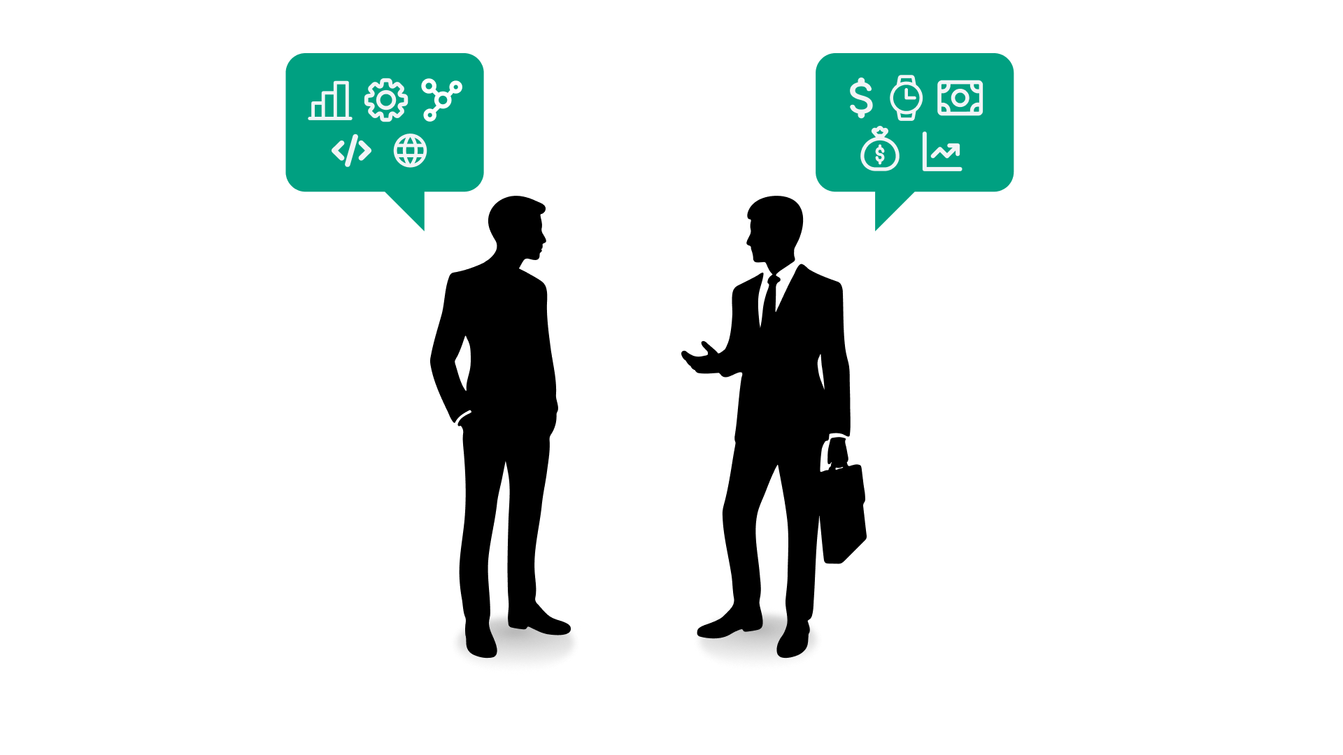 A conversation between a businessman and a data scientist. Neither understands the other, each is talking about something else. 