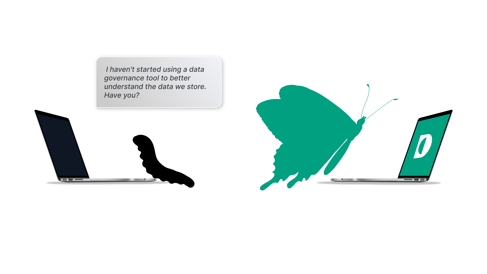 Illustration of a caterpillar and a butterfly using laptops, symbolizing the transformation achieved by adopting a data governance tool.