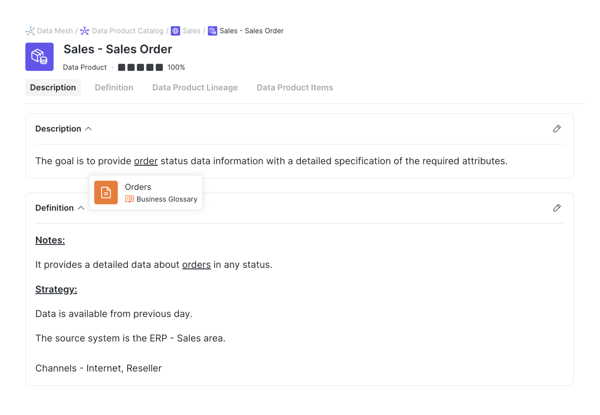 Linked term 'order' in the data product description opens the Business Glossary entry for consistent definition and context