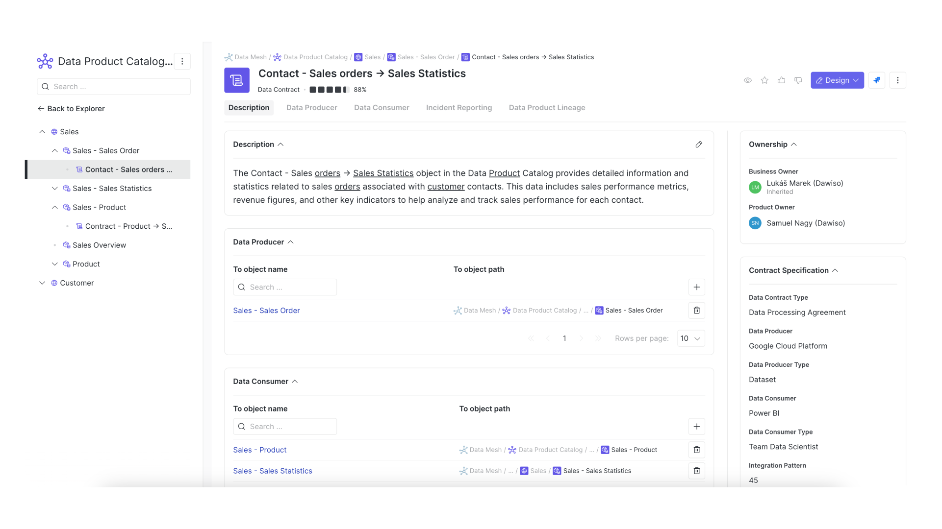 Each data contract in Dawiso has its own object with documented attributes, similar to data products