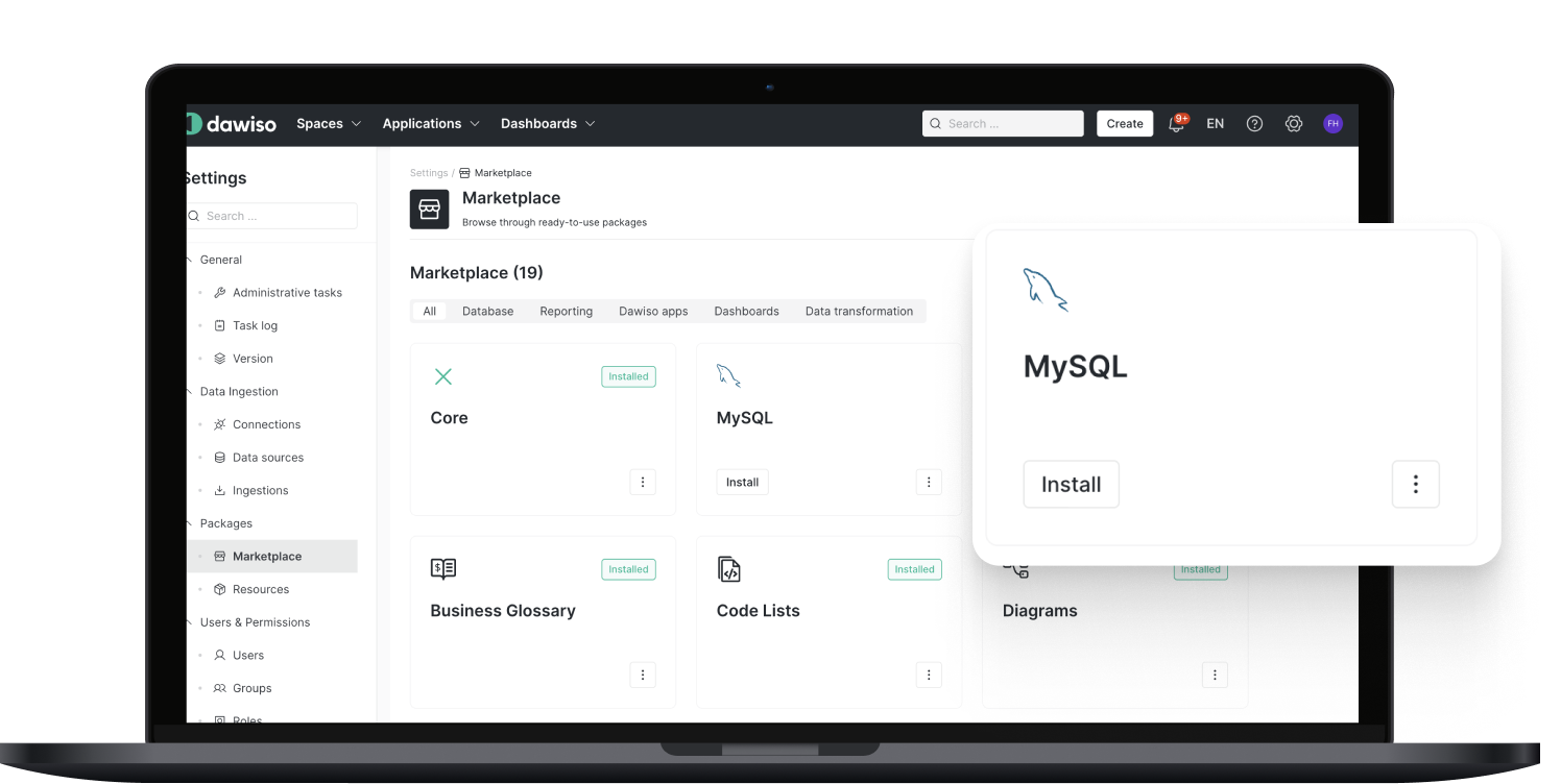 One-click installation of aplication in Dawiso Marketplace.