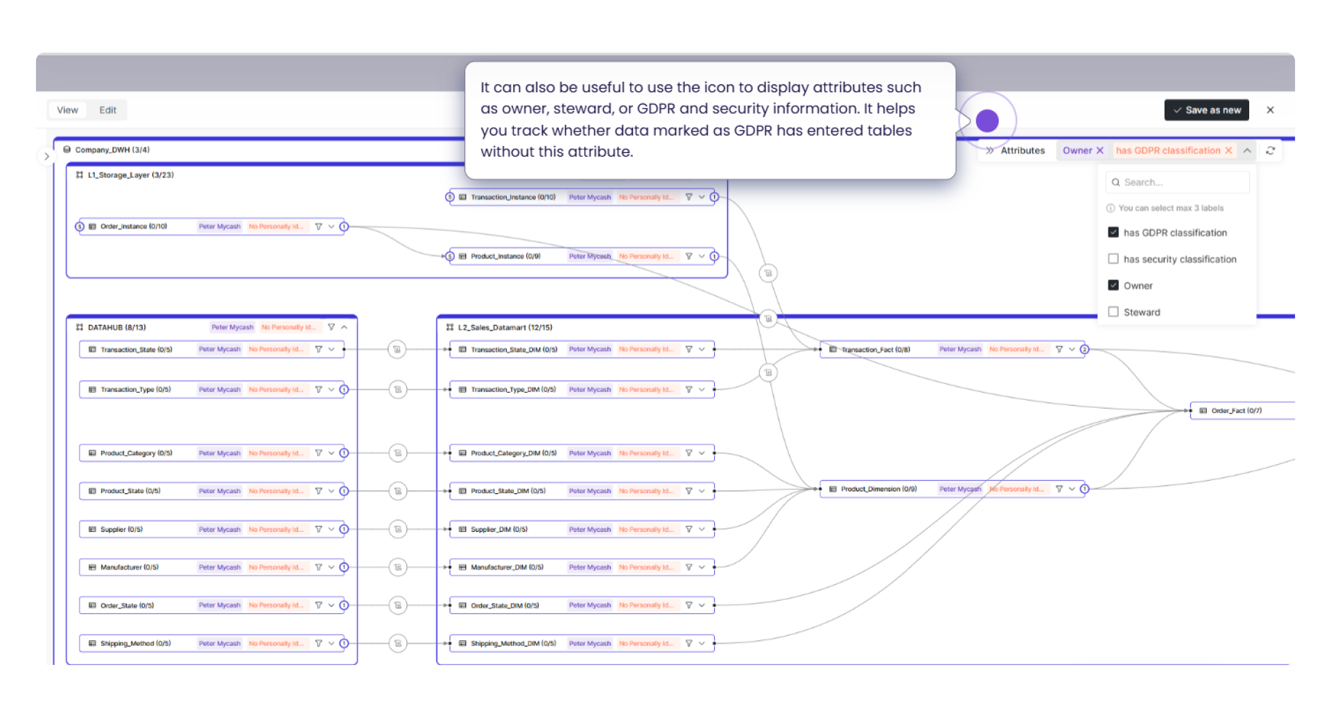 Data lineage diagram in Dawiso with attribute filters applied to highlight GDPR classification and data ownership. Selecting attributes like 'Owner' or 'has GDPR classification' helps track data governance compliance across tables in the data warehouse.