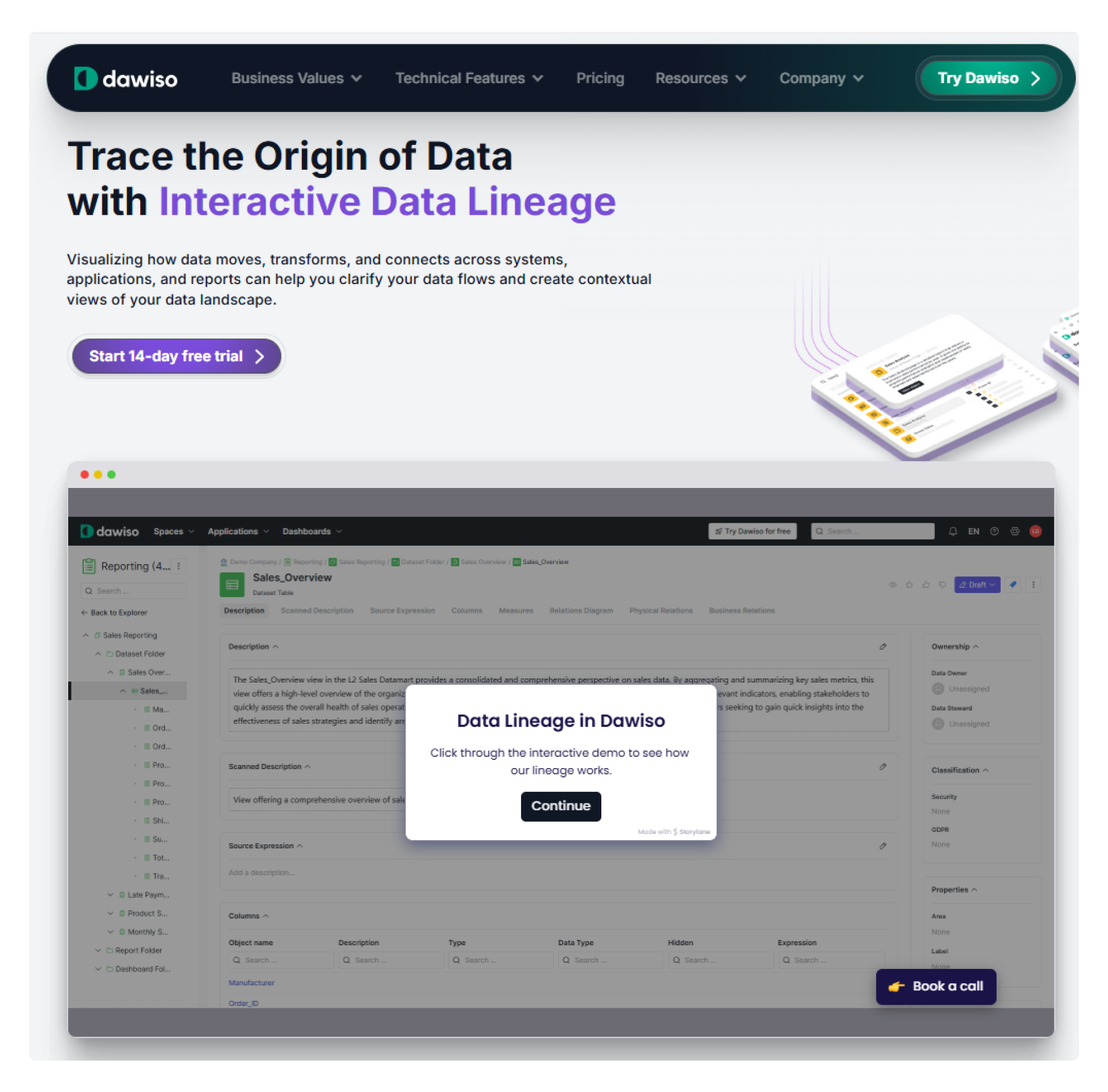 Dawiso product webpage showcasing an interactive Storylane demo of data lineage. Visitors can click through a guided experience to explore how data flows are visualized and documented within the Dawiso platform.