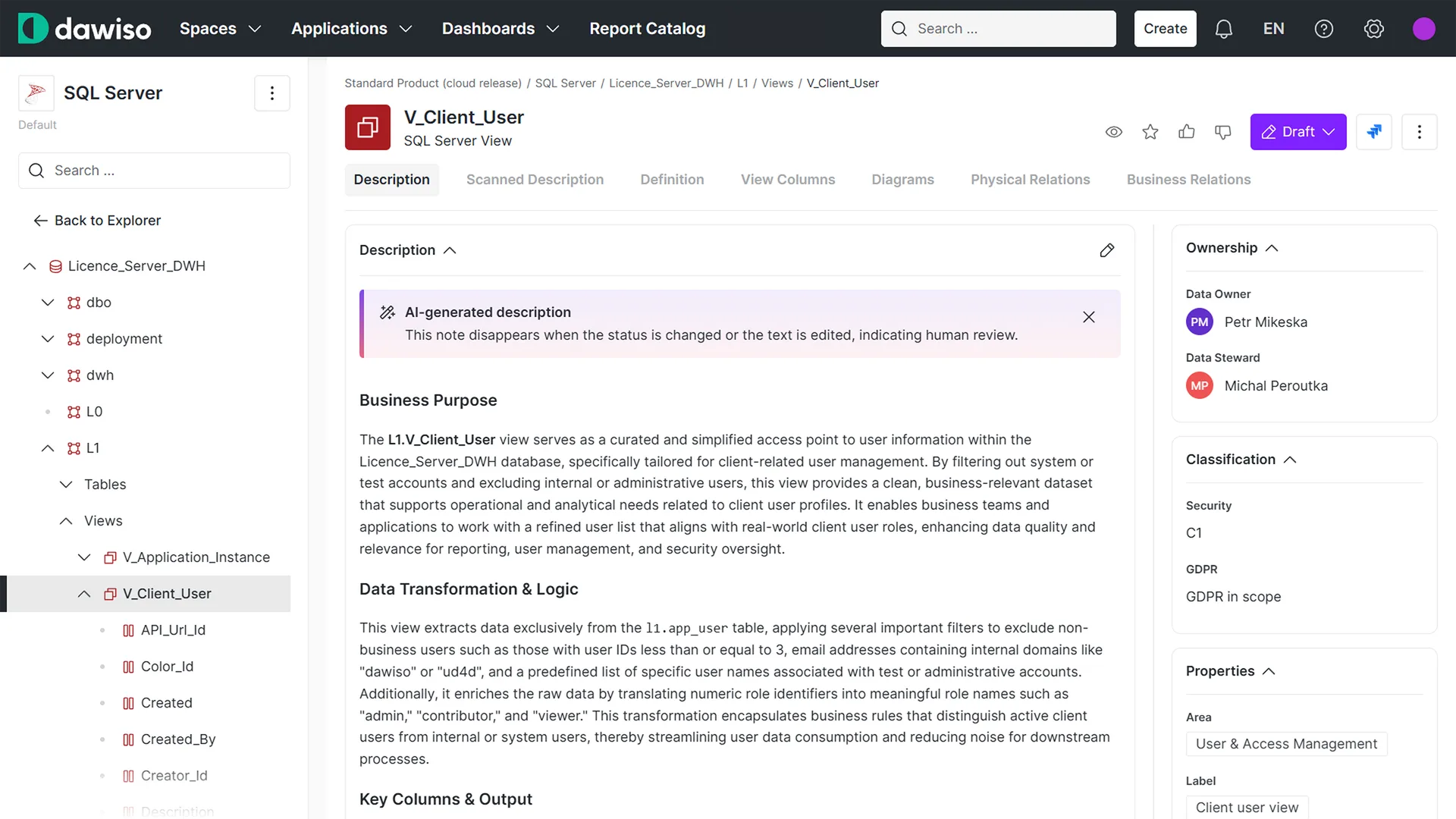 Dawiso AI generates business descriptions and classification for data assets, ready for steward review