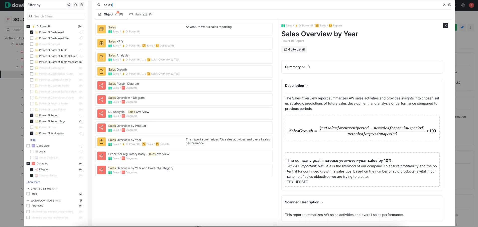 Dawiso advanced search combining full-text, semantic, and attribute search across all asset types